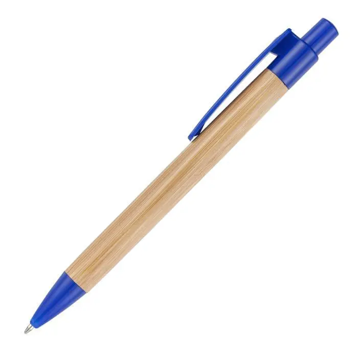 Branded bamboo pen with blue recyclable trim and printed logo