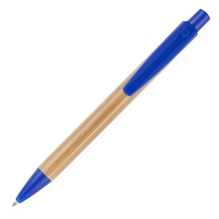 Branded bamboo pen with blue recyclable trim and printed logo