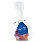 Promotional swing tag bag with Jelly Beans and printed logo card with white ribbon bow