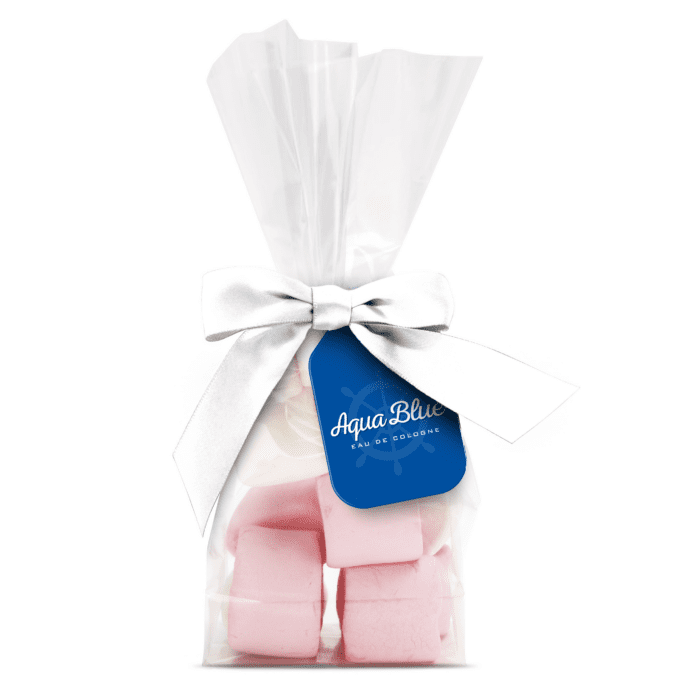 Promotional swing tag bag with large marshmallows and printed logo card with white ribbon bow