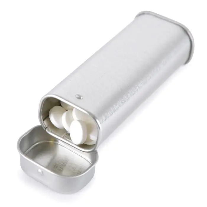 Branded tall mint tin in silver filled with mints and open lid with printed logo