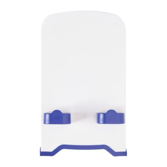 Branded The Dok Phone Stand in white with blue trim and printed logo