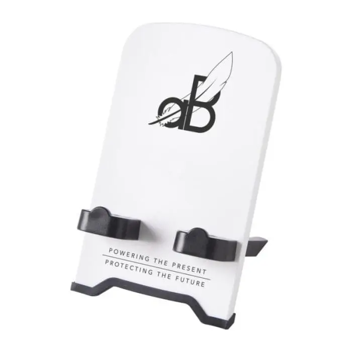 Promotional The Dok Phone Stand in white with black trim and printed logo