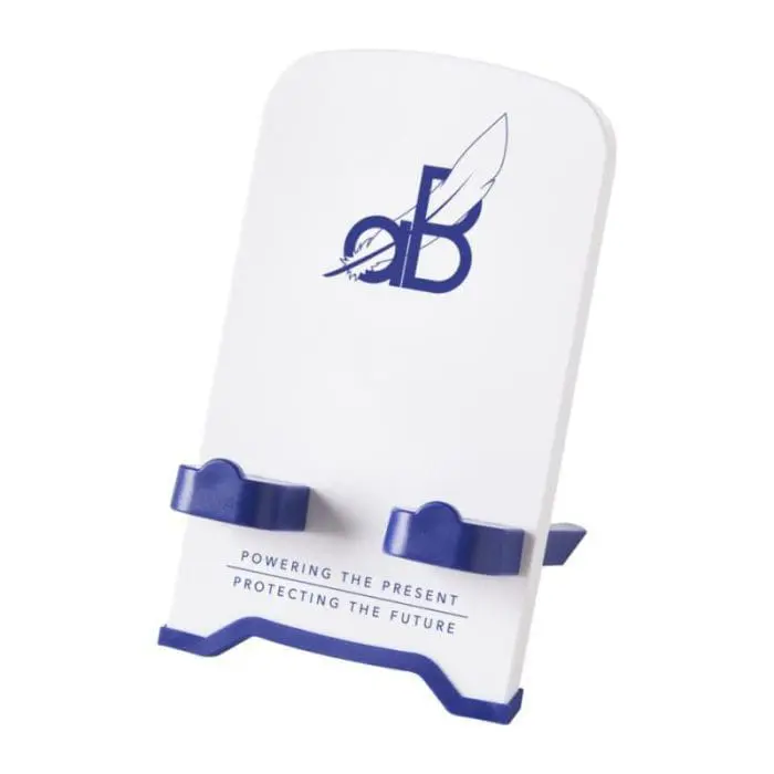 Promotional The Dok Phone Stand in white with blue trim and printed logo