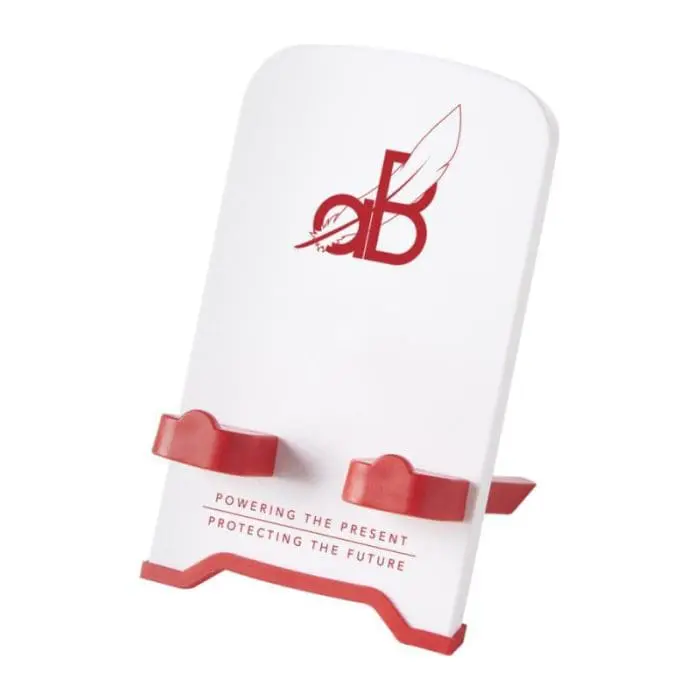 Printed The Dok Phone Stand in white with red trim and printed logo