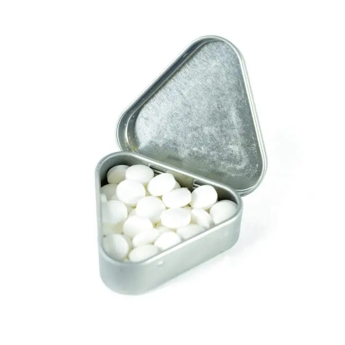 Branded Triangular Mint Tin in Silver with mints inside showing