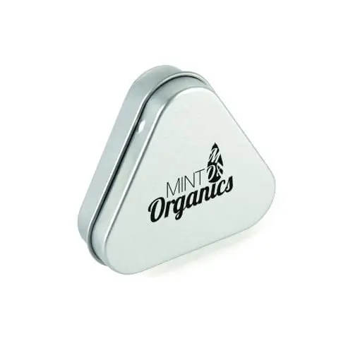 Branded Triangular Mint Tin in Silver with printed logo