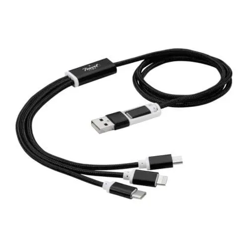 Promotional Versatile 5-in-1 Charging Cable in black with printed logo