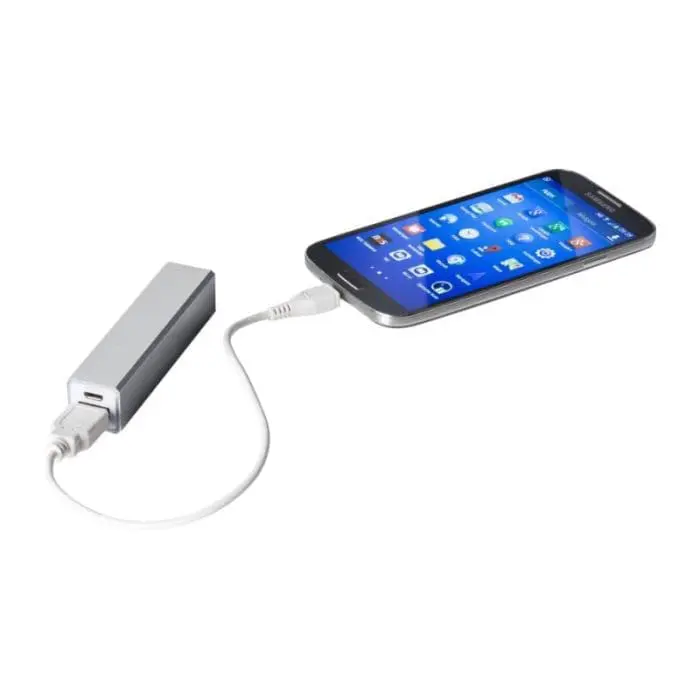 Promotional silver Volt powerbank with printed logo and cable for smartphone