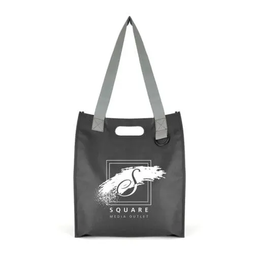 Promotional shopping bag in black with grey handles and printed logo