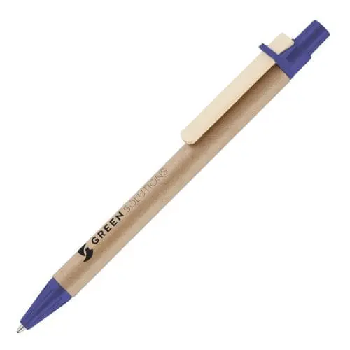 Branded woodchip pen with wooden clip and blue details with printed logo