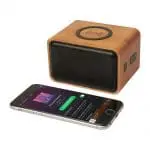 Promotional wooden speaker with wireless charging pad and printed logo