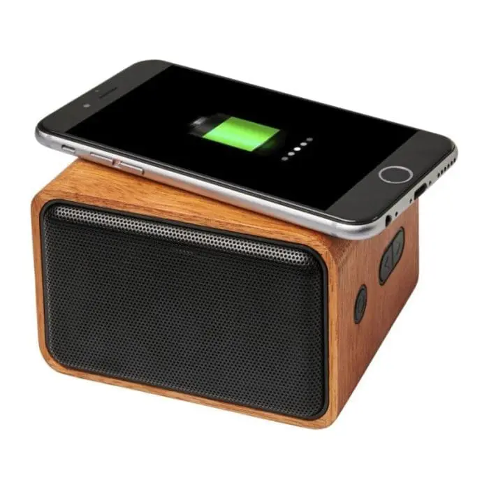 Promotional wooden speaker with wireless charging pad and printed logo