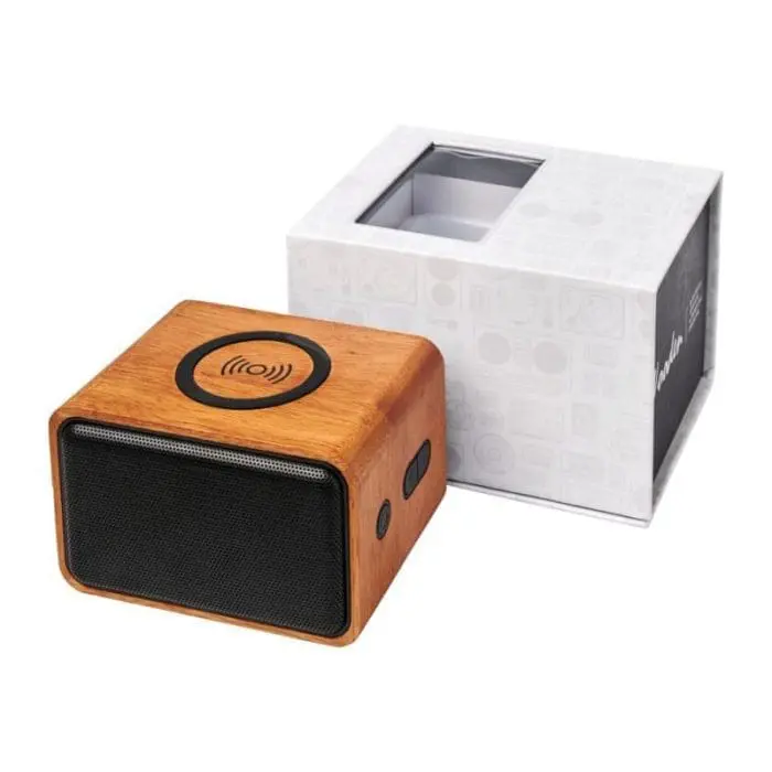 Branded wooden speaker with wireless charging pad with box and printed logo