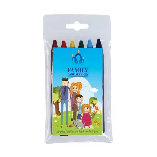 Promotional 6 Pack Wax Crayons with printed logo or design on card