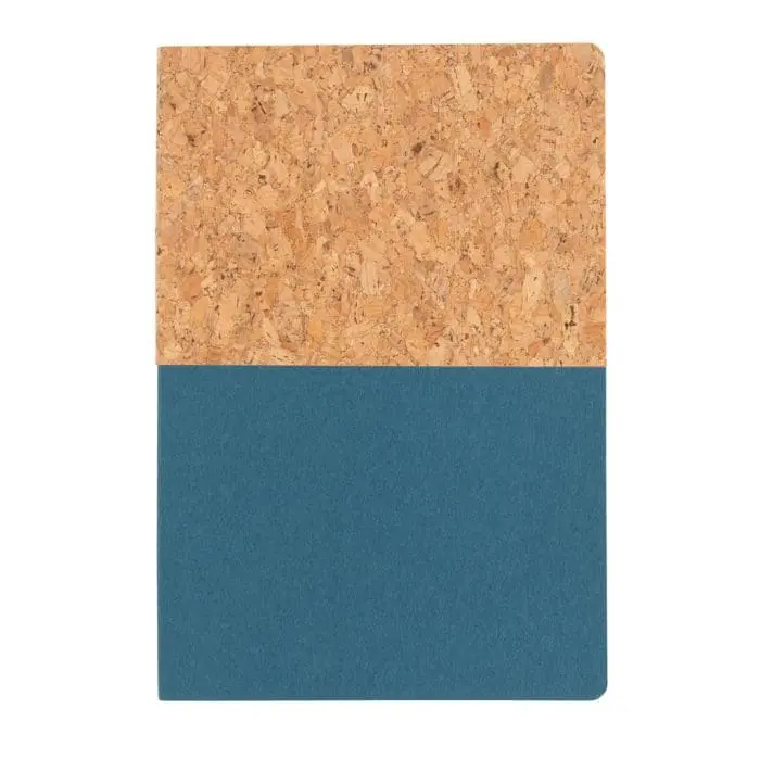 Branded A5 Cork and Kraft Notebook in cork and blue with printed logo