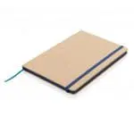 Branded A5 Recycled Kraft Notebook with blue elastic closure, lined pages and printed logo