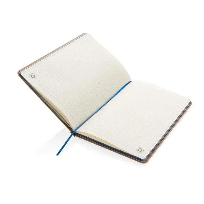 Branded A5 Recycled Kraft Notebook with blue elastic closure, lined pages and printed logo