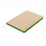 Branded A5 Recycled Kraft Notebook with green elastic closure, lined pages and printed logo