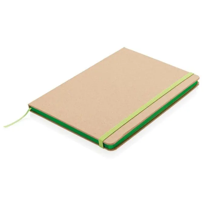 Branded A5 Recycled Kraft Notebook with green elastic closure, lined pages and printed logo