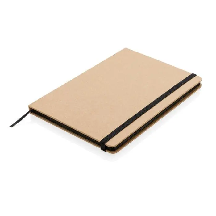 Customised A5 Recycled Kraft Notebook with black elastic closure, lined pages and printed logo