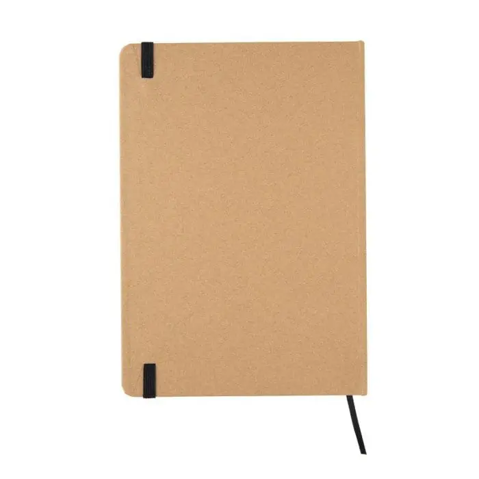 Customised A5 Recycled Kraft Notebook with black elastic closure, lined pages and printed logo