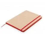 Branded A5 Recycled Kraft Notebook with red elastic closure, lined pages and printed logo