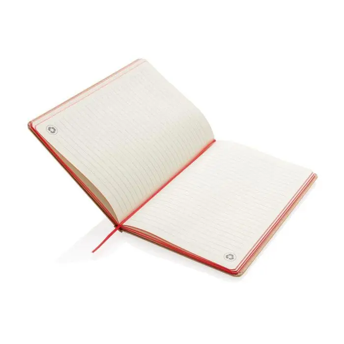 Branded A5 Recycled Kraft Notebook with red elastic closure, lined pages and printed logo