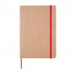 Branded A5 Recycled Kraft Notebook with red elastic closure, lined pages and printed logo