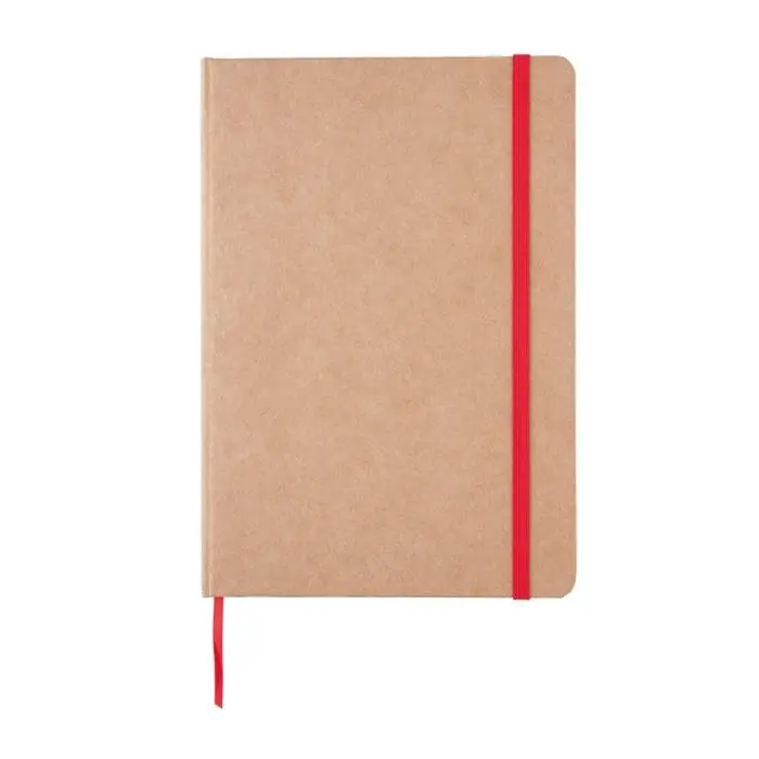 Branded A5 Recycled Kraft Notebook with red elastic closure, lined pages and printed logo