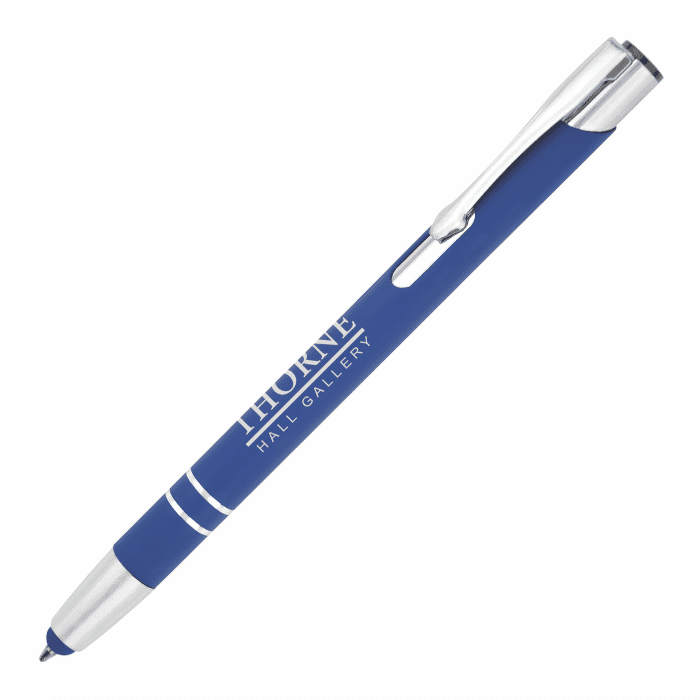 Promotional Beck Soft Stylus Ballpen in blue and silver with printed logo