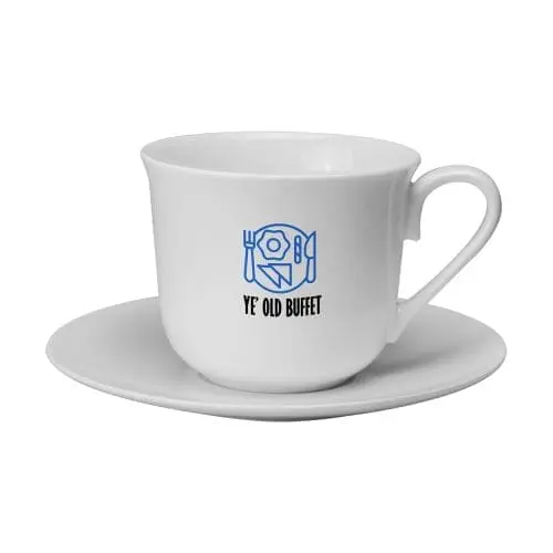 Promotional Breakfast cup and saucer in white with printed logo or design