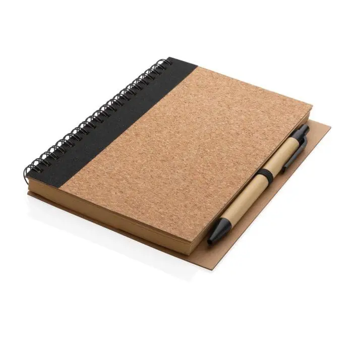 Promotional Cork Spiral Notebook with Pen in cork with coloured trim and printed logo