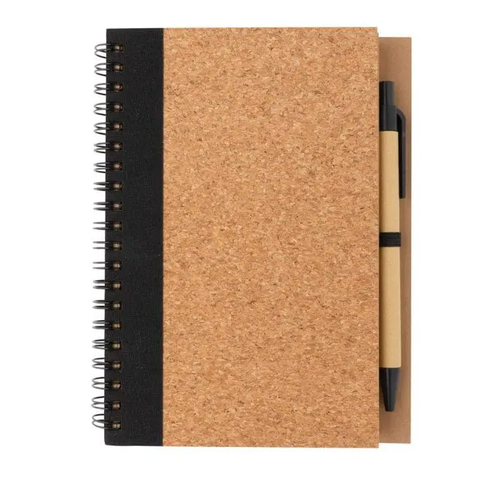 Promotional Cork Spiral Notebook with Pen in cork with coloured trim and printed logo