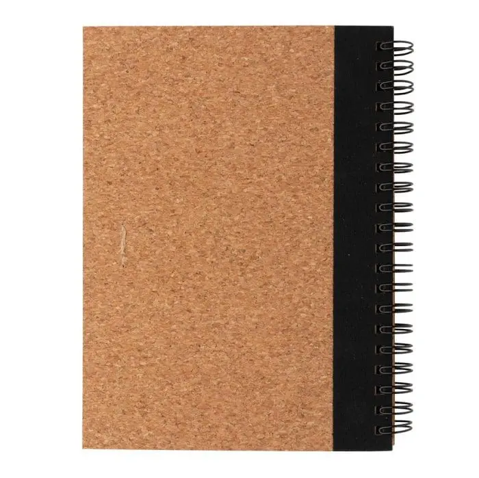 Promotional Cork Spiral Notebook with Pen in cork with coloured trim and printed logo