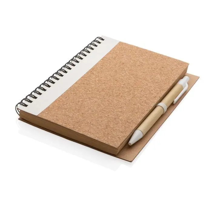 Branded Cork Spiral Notebook with Pen in cork with coloured trim, lined pages and printed logo