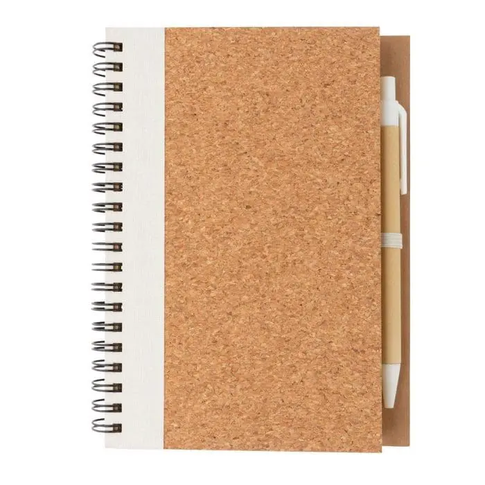 Branded Cork Spiral Notebook with Pen in cork with coloured trim, lined pages and printed logo