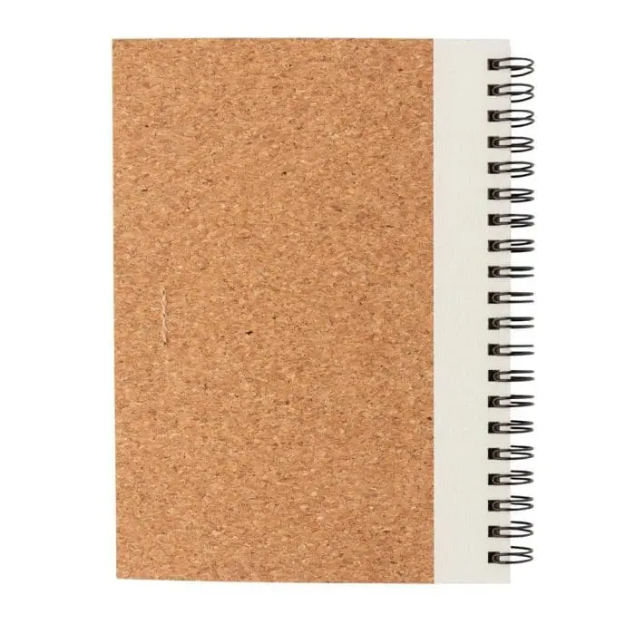 Branded Cork Spiral Notebook with Pen in cork with coloured trim, lined pages and printed logo