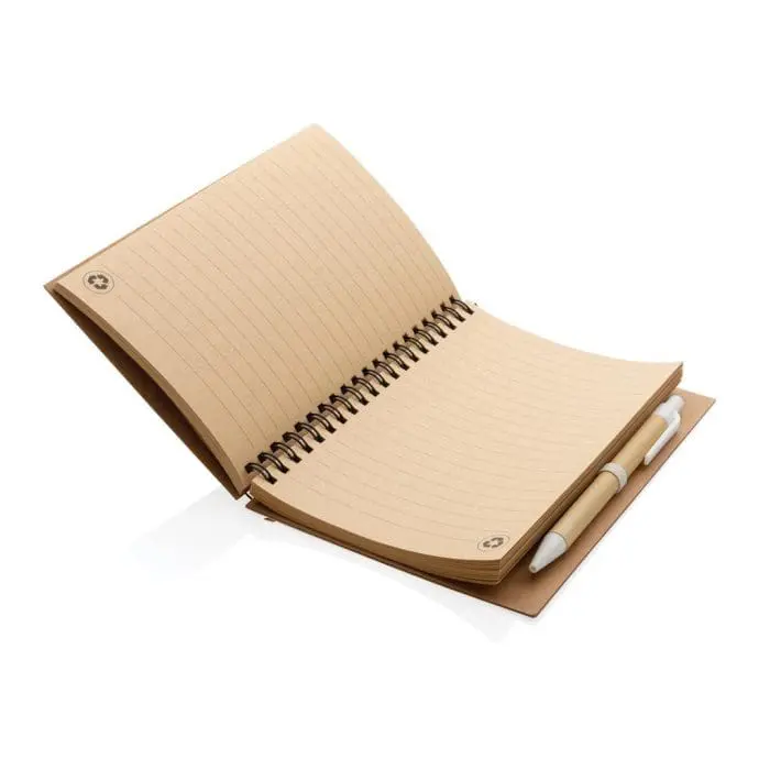 Branded Cork Spiral Notebook with Pen in cork with coloured trim, lined pages and printed logo