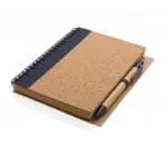 Branded Cork Spiral Notebook with Pen in cork with coloured trim and printed logo