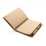 Promotional Cork Spiral Notebook with Pen in cork with coloured trim and lined pages with printed logo