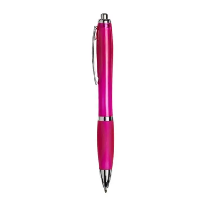 Custom-branded curvy pen with coloured barrel and printed logo with chrome trim