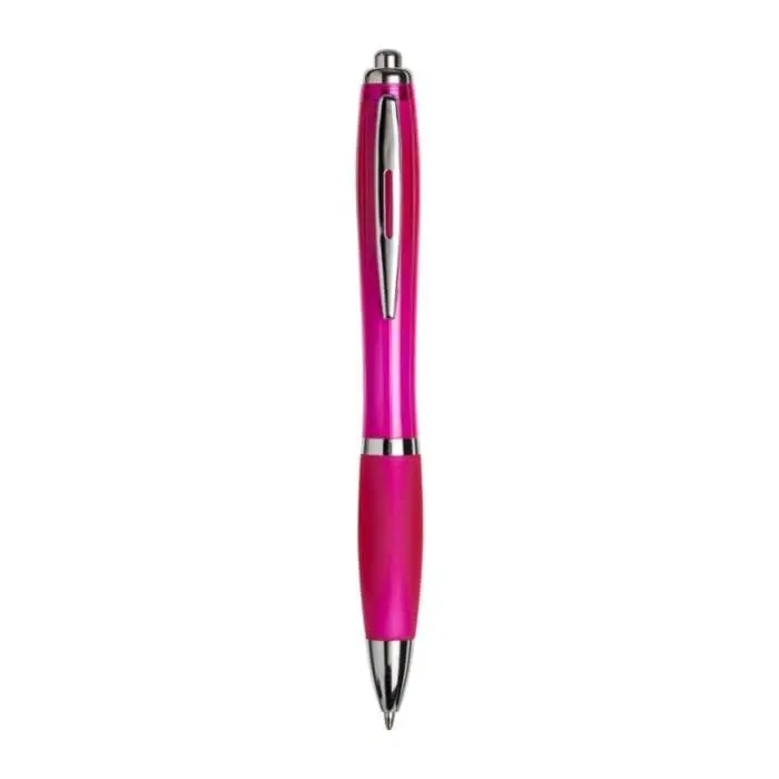 Custom-branded curvy pen with coloured barrel and printed logo with chrome trim