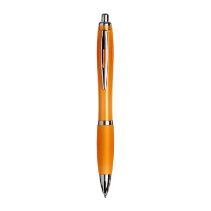 Custom-branded curvy pen with coloured barrel and printed logo with chrome trim