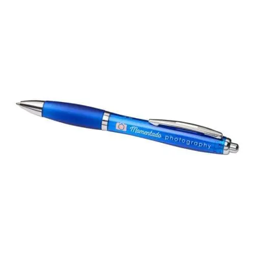 Branded curvy pen with coloured barrel in blue with printed logo