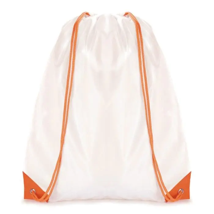 Promotional Dobson drawstring bag in white with coloured trim and printed logo