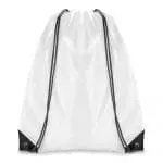 Custom-branded Dobson drawstring bag in white with coloured trim and printed logo