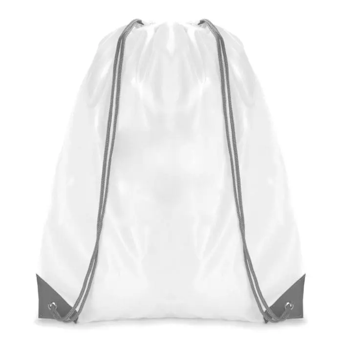 Promotional Dobson drawstring bag in white with coloured trim and printed logo