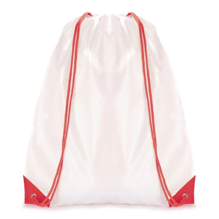 Branded Dobson drawstring bag in white with coloured trim and printed logo