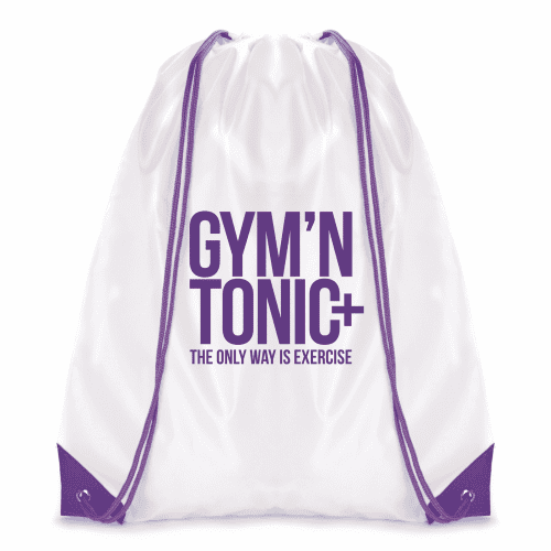 Promotional Dobson drawstring bag in white with purple trim and printed logo